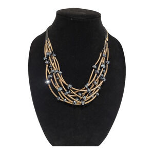 Multi-Tiered Necklace Statement Piece Copper Tubes Black Crystal Glass Beads